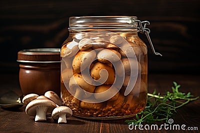 Fresh homemade pickled mushrooms in glass jar Stock Photo