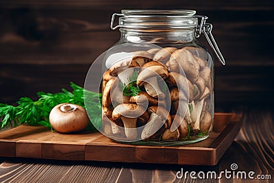 Fresh homemade pickled mushrooms in glass jar Stock Photo