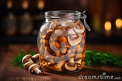 Fresh homemade pickled mushrooms in glass jar Stock Photo