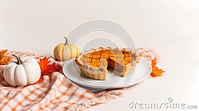 Fresh homemade pumpkin pie on a white plate with pumpkins and autumn leaves. Stock Photo