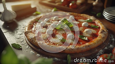fresh homemade realistic italian pizza margherita with buffalo mozzarella and basi Stock Photo