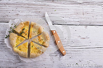 Fresh homemade tart with three kinds of cheese and crispy puff pastry Stock Photo