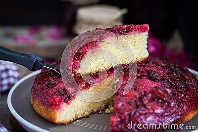 Fresh homemade upside-down plum cake Stock Photo