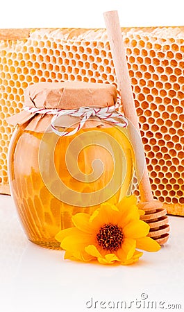 Fresh honey with honeycomb isolated on white background Stock Photo