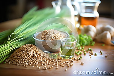 fresh hops and barley grains on pubs countertop Stock Photo