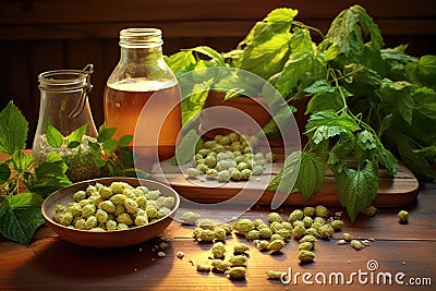 fresh hops on a wooden table with beer ingredients Stock Photo