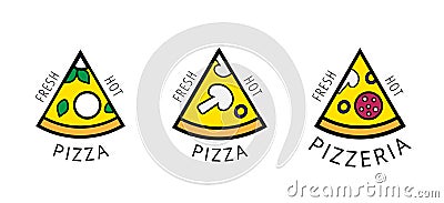 Fresh and hot pizza logos. Branding for delivery, product, cafe, restaurant, pizzeria Vector Illustration