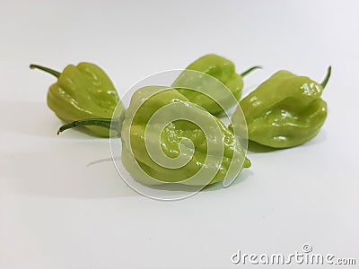 Fresh Hot and Spicy Green Chillie Peppers on White Background Stock Photo