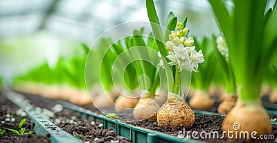 Fresh hyacinth bulbs sprouting vibrant green leaves in soft sunlight Stock Photo