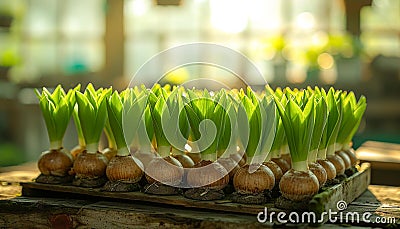 Fresh hyacinth bulbs sprouting vibrant green leaves in soft sunlight Stock Photo