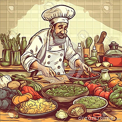 Fresh Ingredients, Delicious Meal: Chef in Action Cartoon Illustration