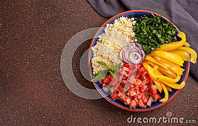 Fresh ingredients for salad with couscous. Healthy, vegeterian h Stock Photo