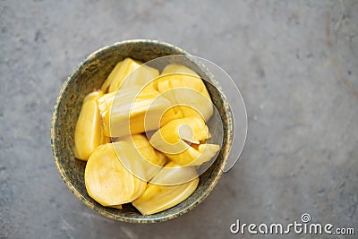 Fresh jackfruit slices in bowl. Exotic tropical fruit Stock Photo