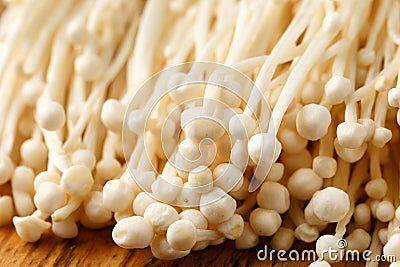 Fresh Japanese Enoki mushroom, closeup food shot Stock Photo