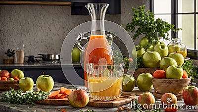 Fresh juice from apple carrots in kitchen healthy delicious Stock Photo