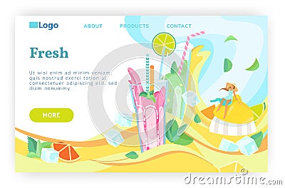 Fresh juice drink. Smoothie, glass of lemonade, soda, fruit juice. Vector web site design template. Landing page website Vector Illustration