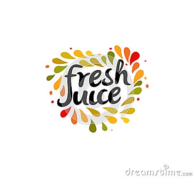 Fresh juice emblem. Colorful juice drops splashed around the heart shape with text inside on white background. Modern Vector Illustration