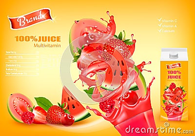 Fresh Juice with Exotic Fruits and Splashing Liquid. Vector Illustration