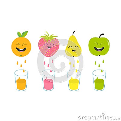Fresh juice and glasses. Apple, strawberry, pear, orange fruit with faces. Smiling cute cartoon character set. Natural Vector Illustration
