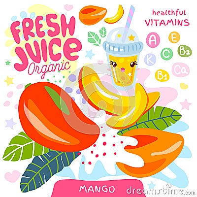 Fresh juice organic glass cute kawaii character. Mango tropical exotic yogurt smoothies cup. Vector illustration. Vector Illustration