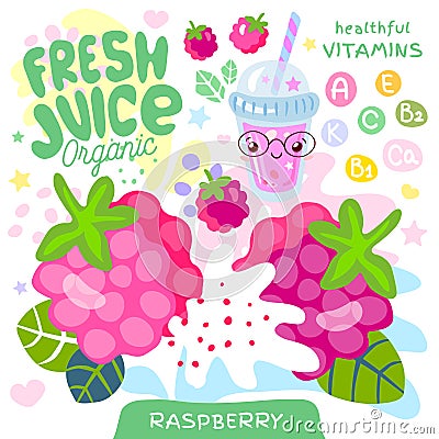 Fresh juice organic glass cute kawaii character. Raspberry berry berries yogurt smoothies cup. Vector illustration. Vector Illustration