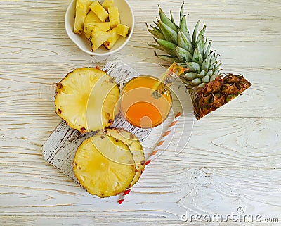 Fresh juice, pineapple wooden background organic Stock Photo