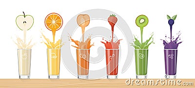 Fresh juice pouring from colorful fruits Vector Illustration