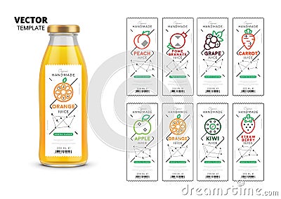 Fresh juice realistic glass bottle with labels set Vector Illustration