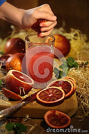 Fresh juice. Tarocco Red Orange Juice Stock Photo