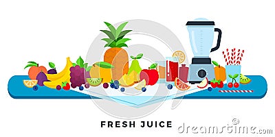 Fresh juice vector flat illustration. Fruits juices. Assorted fruits and berries. Vector Illustration