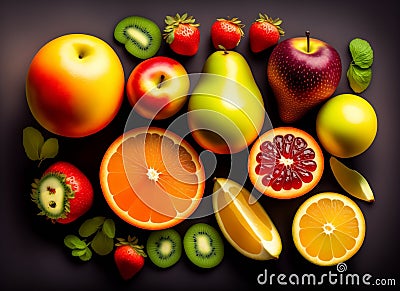 Ai Generative Fresh and Juicy Fruits Captured from Top Apples, Pears, Plums, Oranges, Strawberries, and More Stock Photo