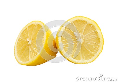 Fresh juicy natural organic lemon fruit cut in half, round split organic natural yellow lemon two halves on the table side, object Stock Photo