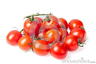 Fresh juicy red cherry tomato bunch closeup isolated on white background. Stock Photo