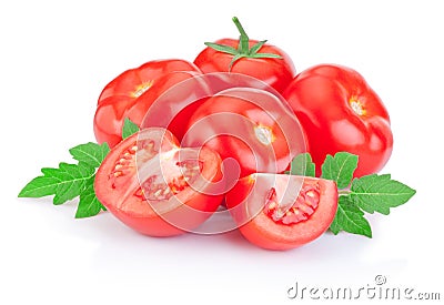 Fresh Juicy red tomato and slice with leaves Isolated Stock Photo