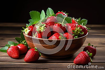 Fresh juicy strawberries on an old wooden table. Generative AI Stock Photo