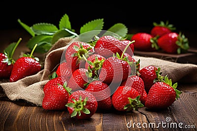 Fresh juicy strawberries on an old wooden table. Generative AI Stock Photo