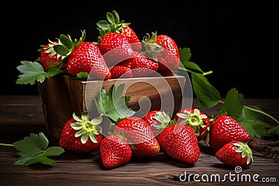 Fresh juicy strawberries on an old wooden table. Generative AI Stock Photo