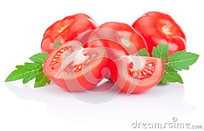 Fresh Juicy tomato with green leaves Isolated on white Stock Photo