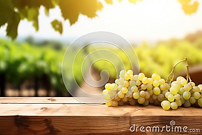 Fresh juicy white vine grapes on rustic wooden table with blurred vineyard background Stock Photo