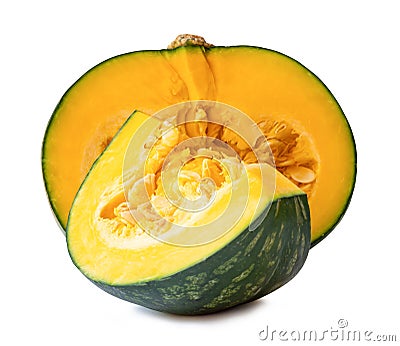 Fresh kabocha or green japanese pumpkin half with slice or quarter isolated on white background with clipping path Stock Photo