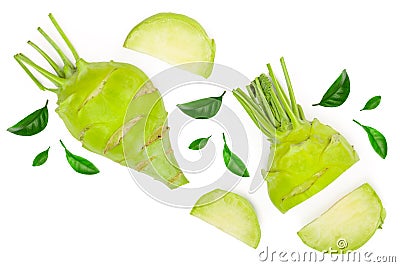 Fresh kohlrabi with green leaves isolated on white backround. Top view. Flat lay Stock Photo