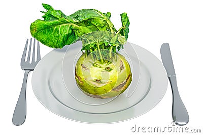 Fresh kohlrabi on plate with fork and knife, 3D rendering Stock Photo