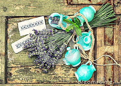 Fresh lavender flowers over rustic wooden background Stock Photo