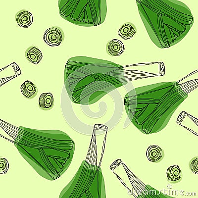 Fresh leek seamless pattern. Leek onion vector illustration. Stock Photo
