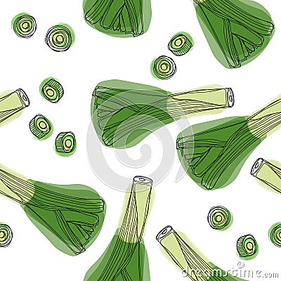 Fresh leek seamless pattern. Leek onion, vegetable background. Vector Illustration