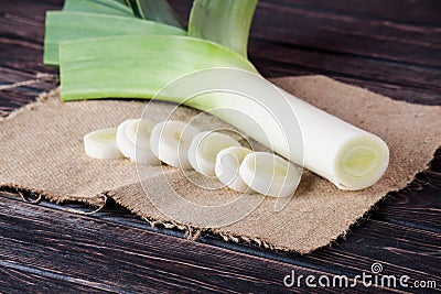 Fresh leek on wood Stock Photo