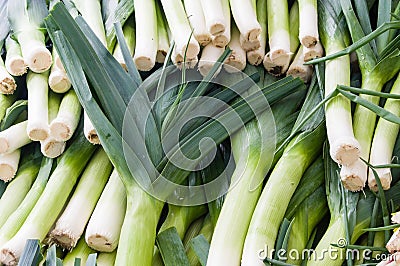 Fresh leeks on display at the market Stock Photo