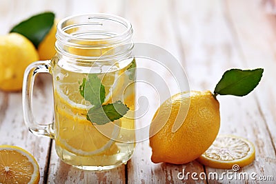 Fresh lemon infused water with ingredients Stock Photo