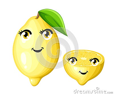 Fresh lemon with leaf and half a lemon cartoon smile fruits with eyes and mouth cartoon style illustration isolated on whit Cartoon Illustration