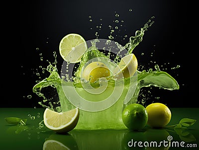 Fresh lemon and lime juice splash on black background Stock Photo